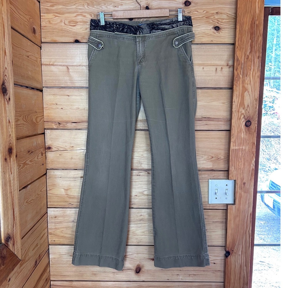 Vintage Flare Utility Pants Low Rise Size 11 Olive Green Tapestry Trim SMART SET